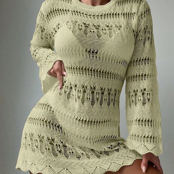 Beige Women's Beach Hollow Out Scallop Trim Cover Up Dress Without Bikini